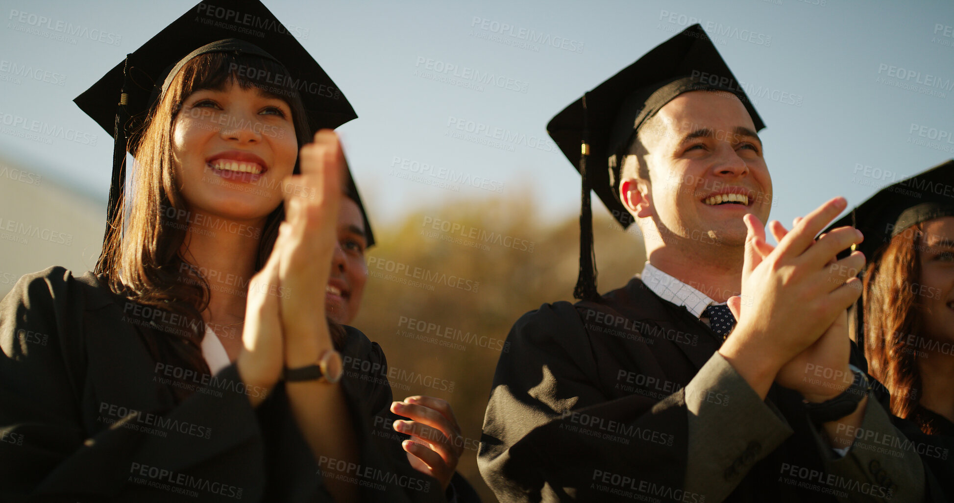 Buy stock photo Happy, applause and students with celebration, graduation and university award with success. People, college or group with smile, clapping or congratulations with ceremony, education or achievement