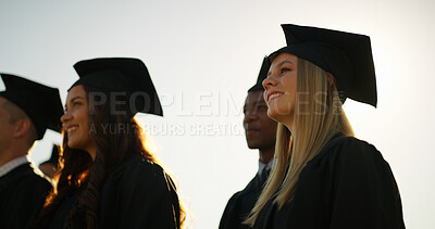 Buy stock photo University, outdoor and woman with achievement, graduation and success with education. Happiness, people and students with college ceremony, low angle and scholarship with award event and goals