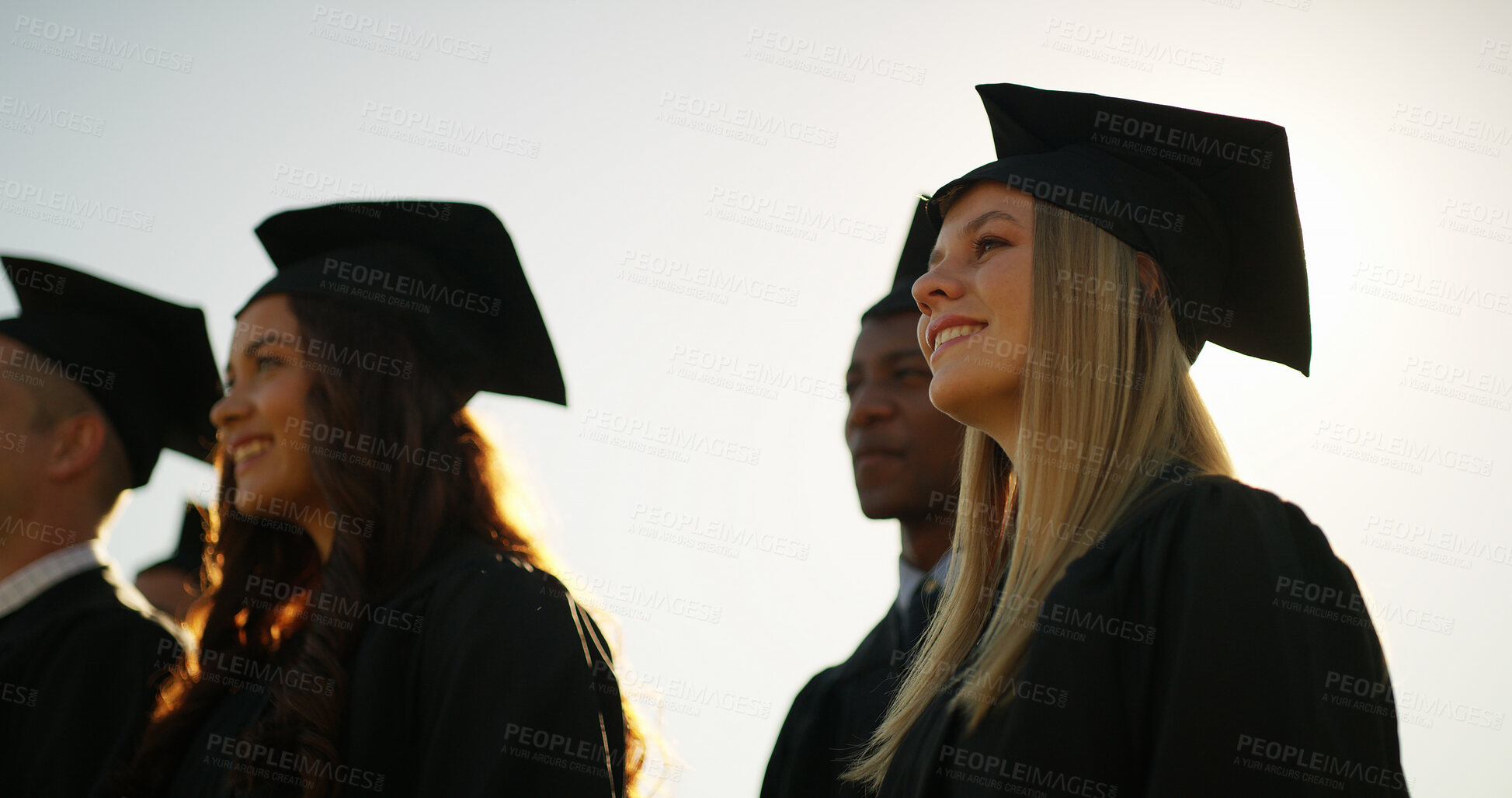 Buy stock photo University, outdoor and woman with achievement, graduation and success with education. Happiness, people and students with college ceremony, low angle and scholarship with award event and goals