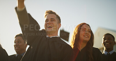 Buy stock photo Man, students and cheering for graduation outdoor for education, celebration and class success. Happy, people and qualification for college achievement, award announcement and certificate ceremony
