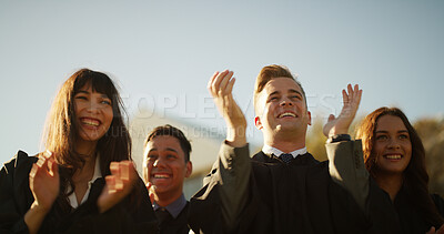 Buy stock photo Outdoor, applause and students with education, graduation and excited with achievement. People, college and group with smile, clapping and congratulations with ceremony, success and university award