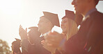 Outdoor, applause and students with celebration, graduation and achievement with success. People, college or group with smile, clapping or congratulations with ceremony, education or university award