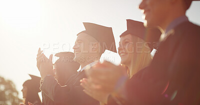 Buy stock photo Outdoor, applause and students with celebration, graduation and achievement with success. People, college or group with smile, clapping or congratulations with ceremony, education or university award
