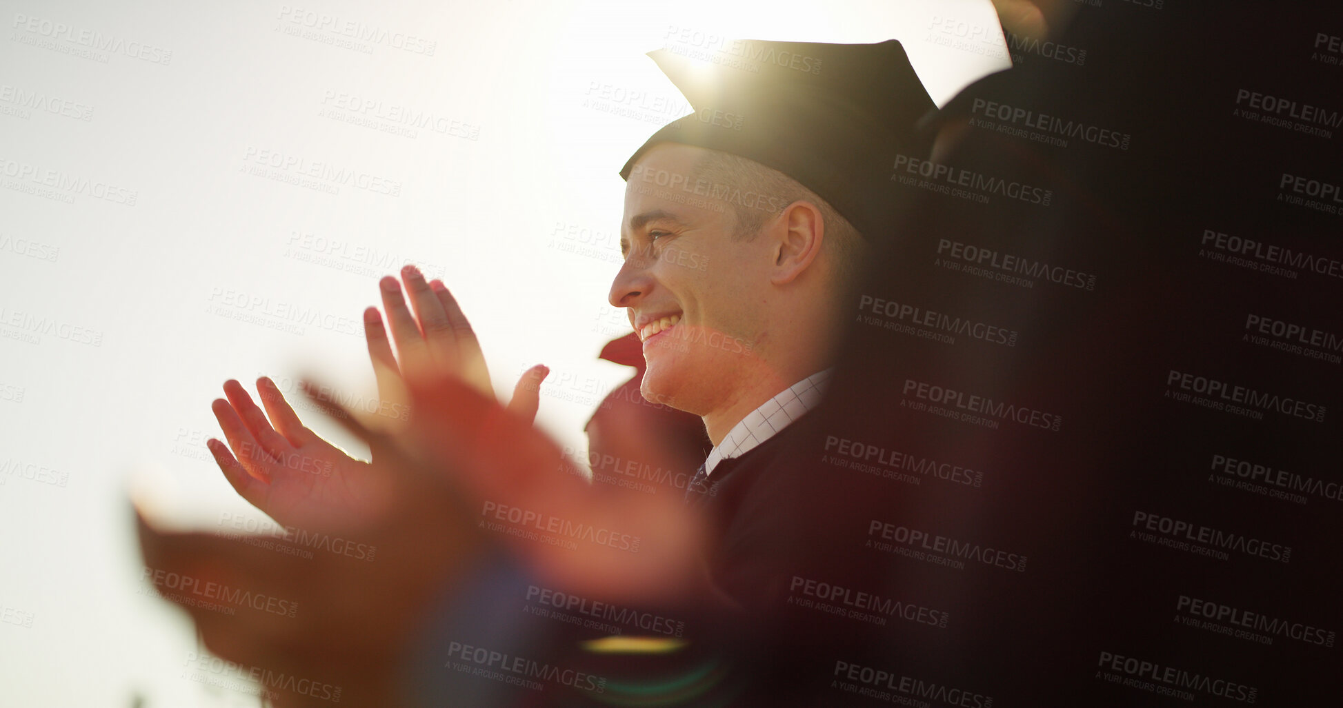 Buy stock photo Man, applause and students with celebration, graduation or achievement with congratulations. People, college or education with smile, clapping or university award with certificate ceremony or success