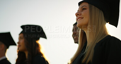 Buy stock photo University, smile and woman with graduation, students and success with knowledge. Campus, people and group with college ceremony, award and achievement with scholarship, education and milestone