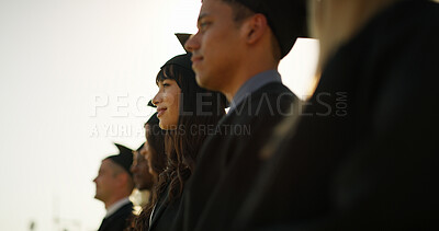 Buy stock photo Profile, group and students with hats, ceremony or celebration of milestone or academic achievement. University, success and people with robes for event, education and complete studies and course