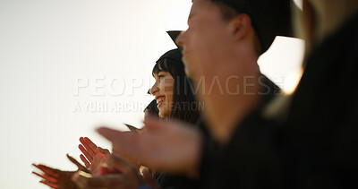 Buy stock photo Woman, applause or students with celebration, graduation or congratulations with ceremony. People, college or achievement with smile, clapping or university award with education, success or cheering