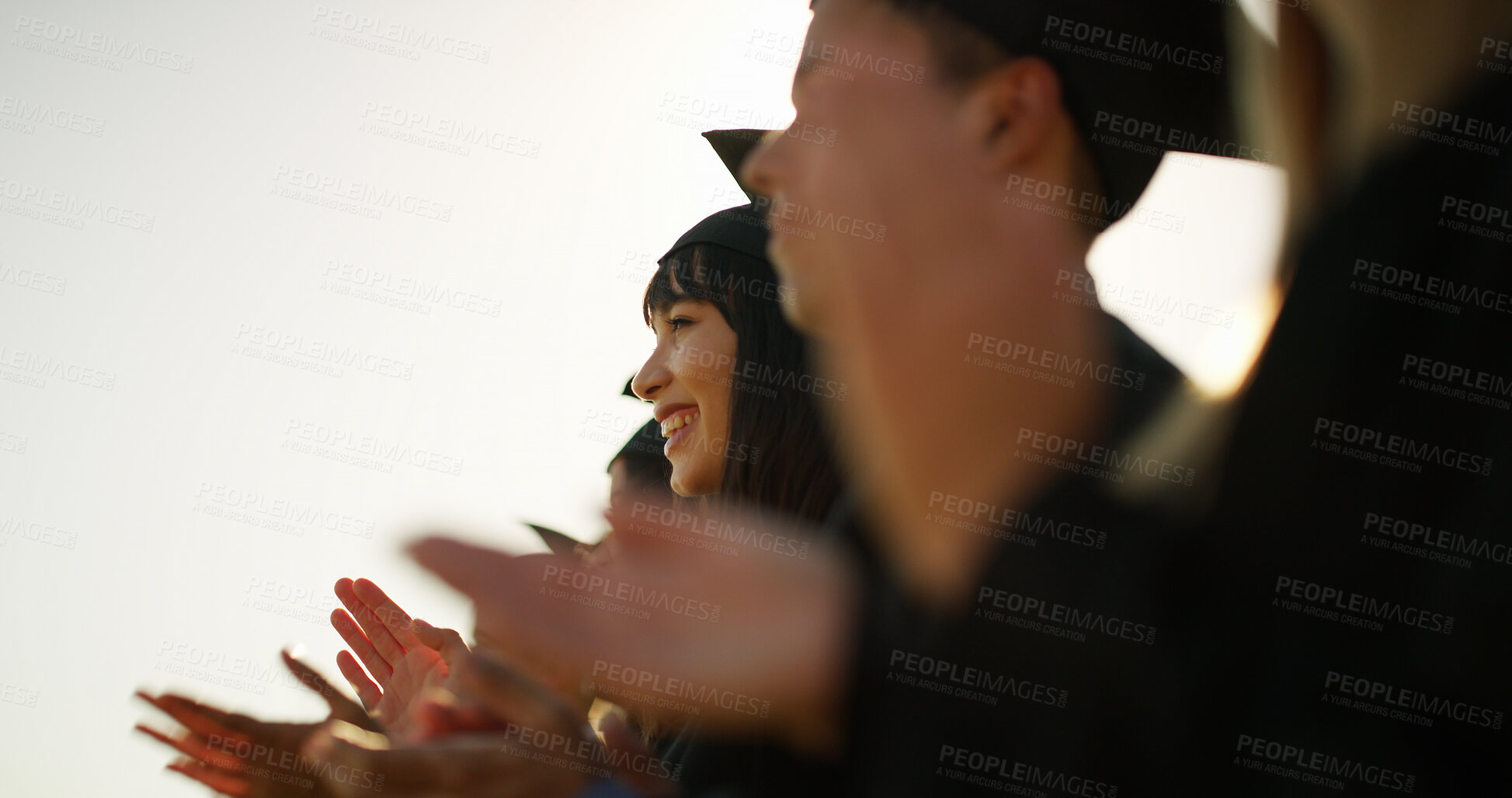 Buy stock photo Woman, applause or students with celebration, graduation or congratulations with ceremony. People, college or achievement with smile, clapping or university award with education, success or cheering
