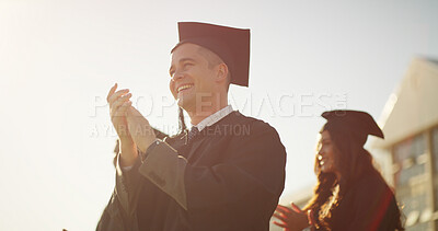Buy stock photo Applause, education and graduation with students outdoor for celebration, milestone or success. Achievement, excited and scholarship with graduate people clapping on college on university campus