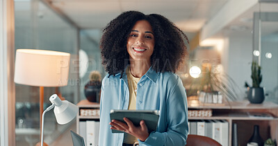 Buy stock photo Portrait, tablet and happy business woman in office at night for research as magazine editor. Technology, smile or publisher in agency with confidence, creative or online review on deadline in Brazil