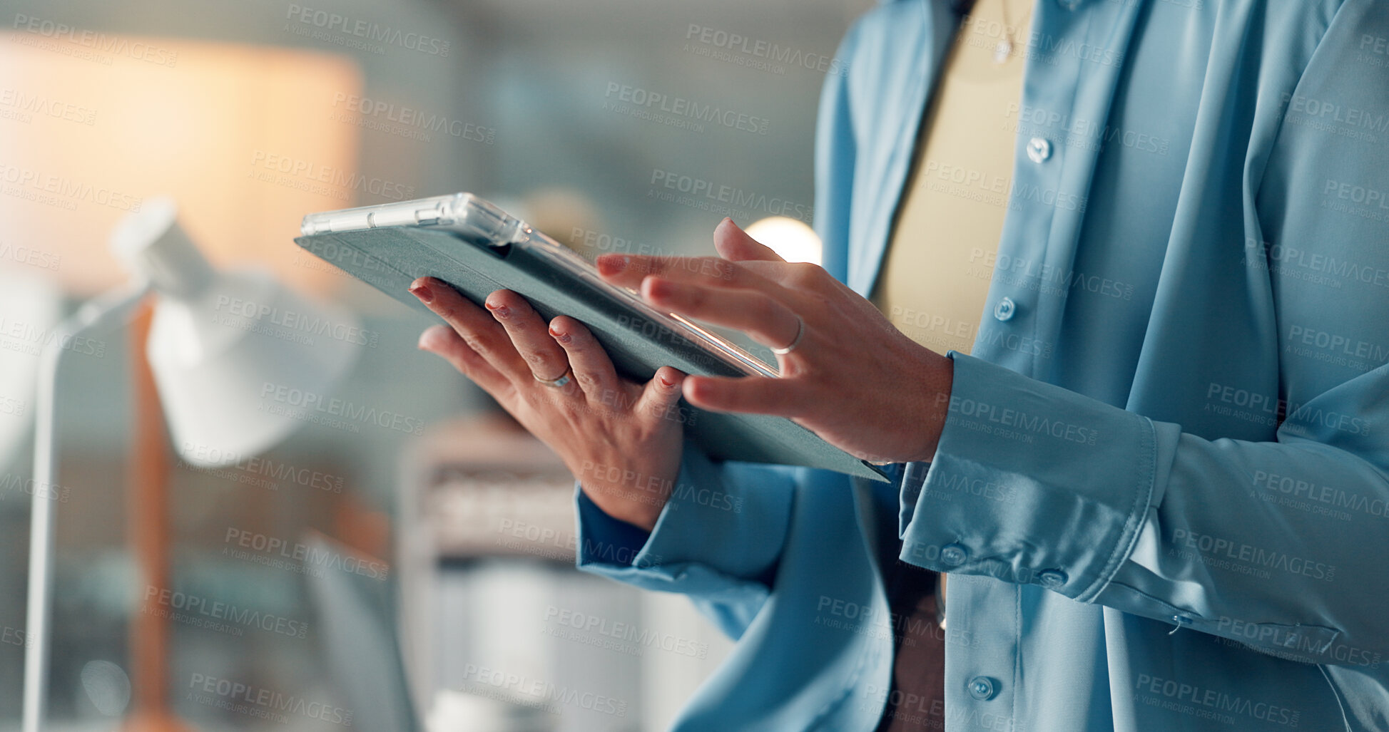 Buy stock photo Hands, tablet and typing with business woman in office for planning, magazine editor and research. Media publication, website and article feedback with person in creative agency for newsletter draft