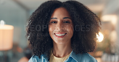 Buy stock photo Portrait, smile and business woman in office at night as magazine editor. Face, pride and happy publisher in agency with confidence, creative professional or career opportunity on overtime in Brazil