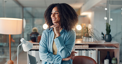 Buy stock photo Vision, smile and business woman in office for inspiration, planning or insight for story at night. Overtime, idea and African journalist with thoughts, reflection or creative thinking in agency