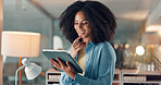 Thinking, smile and tablet with business woman in office for reflection, article fact check and review. Journalist vision, planning and research with person in news agency for perspective and project