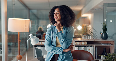 Buy stock photo Thinking, smile and business woman in office for inspiration, planning or insight for news at night. Overtime, idea and African journalist with thoughts, reflection and creative vision for story