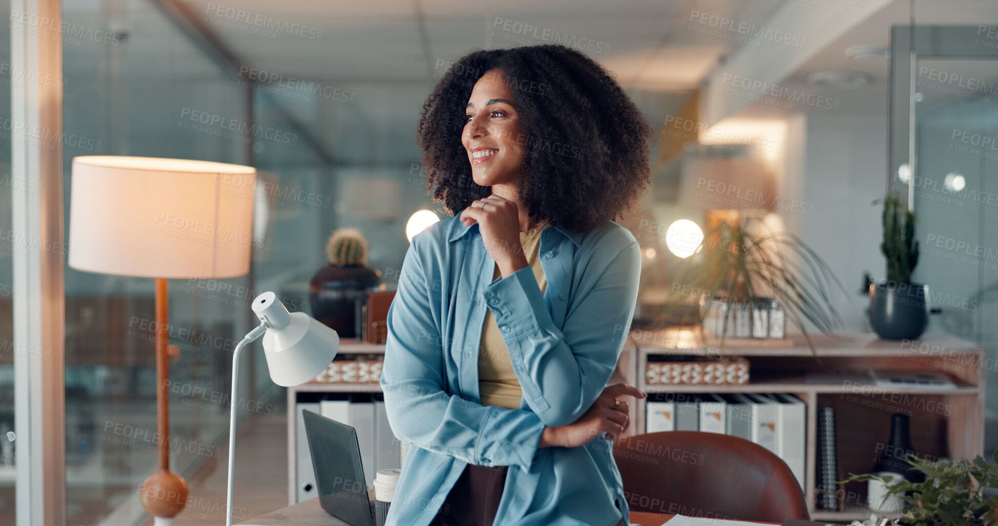 Buy stock photo Thinking, smile and business woman in office for inspiration, planning or insight for news at night. Overtime, idea and African journalist with thoughts, reflection and creative vision for story