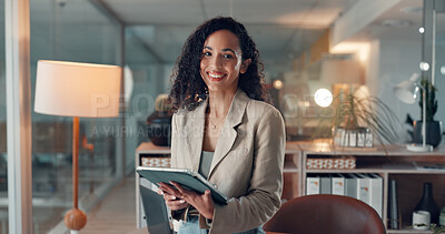 Buy stock photo Smile, tablet and portrait of business woman in office for planning, magazine editor and night. Media publication, overtime and article feedback with person in creative agency for newsletter draft