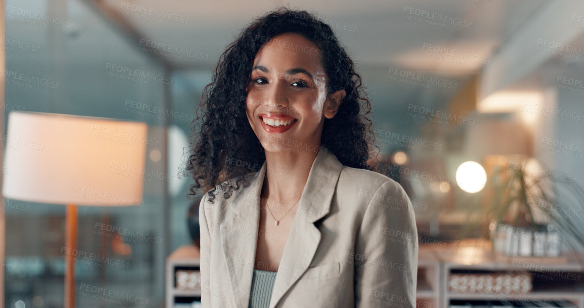 Buy stock photo Portrait, business and woman in office at night for career pride, finance advisor and investment. Smile, female person or consultant with about us, financial ambition and overtime for risk management