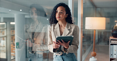 Buy stock photo Thinking, research and tablet with business woman in office for reflection, article fact check and review. Journalist vision, planning and smile with person in news agency for perspective and project