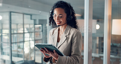 Buy stock photo Business woman, consultant and tablet with headset for online sale or telemarketing in office. Female person, broker or salesperson with technology or mic for affiliate marketing advice in workplace