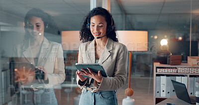 Buy stock photo Browsing, tablet and woman with headset in call center, smile and talk for lead generation at night. Working late, happy and person with tech for communication, telemarketing and sales on website