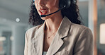 Woman, mouth and consulting with headset for online communication, advice or help in office. Female person, consultant or agent talking with mic for virtual assistance or support in call center