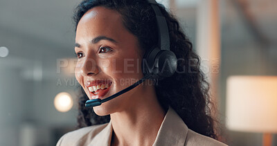Buy stock photo Happy woman, consultant and night with headset in office for online advice or customer service. Female person, friendly agent or working late with smile or mic for virtual assistance in workplace