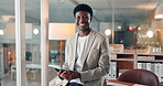 Portrait, tablet and happy black man in business office for accounting at night. Smile, auditor or confident employee with technology in company, bookkeeper or financial worker on overtime with bokeh