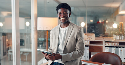Buy stock photo Portrait, tablet and happy black man in business office for accounting at night. Smile, auditor or confident employee with technology in company, bookkeeper or financial worker on overtime with bokeh