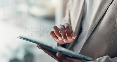 Buy stock photo Man, hands and tablet in office for business, economy research and networking for investment. Investor, app and technology in agency for online banking, financial platform and budget management