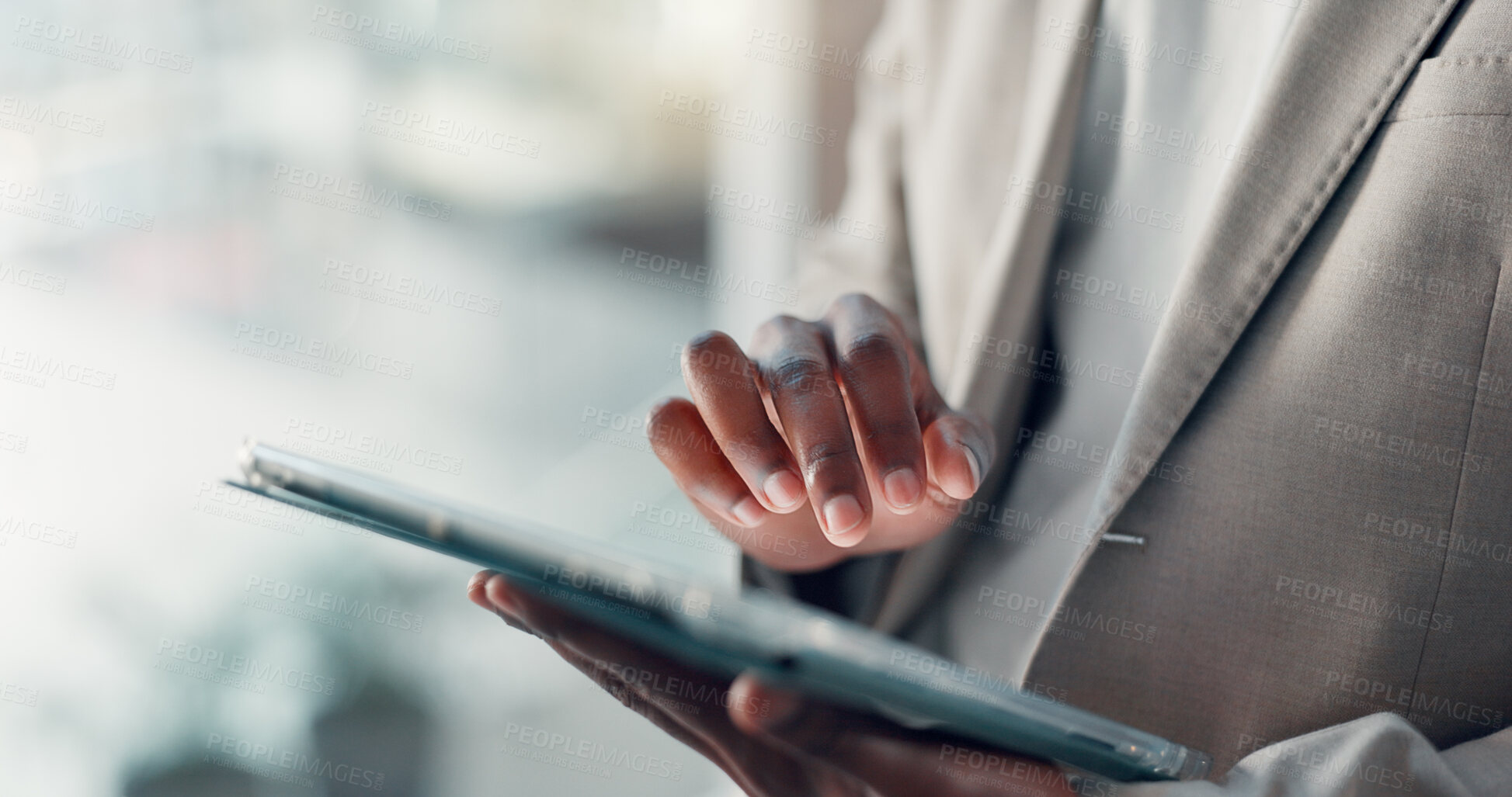 Buy stock photo Man, hands and tablet in office for business, economy research and networking for investment. Investor, app and technology in agency for online banking, financial platform and budget management
