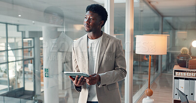 Buy stock photo Thinking, window and tablet with business black man in office for reflection, article fact check and review. Journalist vision, planning and research with person in news agency for perspective