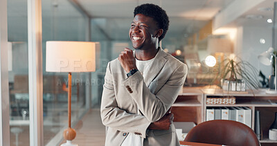 Buy stock photo Thinking, business and black man in office at night with vision, problem solving and headline ideas. Thoughts, male journalist and reflection with happiness, article decision and publication solution