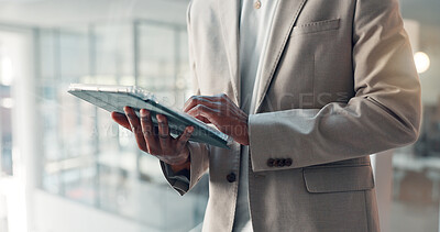 Buy stock photo Business person, hands and research with tablet in office for company information, data or analysis. Employee, analyst or browsing with technology for corporate growth or development in workplace