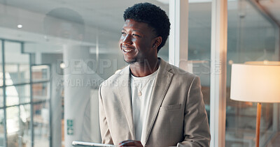 Buy stock photo Thinking, smile and tablet with business black man in office for reflection, article fact check and review. Journalist vision, planning and research with person in news agency for perspective
