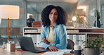 Woman, portrait and laptop with smile at startup with confidence, review or pride at digital agency. Person, computer and documents with report, graphs or stats for social media marketing in Brazil