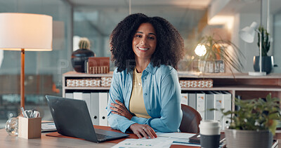 Buy stock photo Woman, portrait and laptop with smile at startup with confidence, review or pride at digital agency. Person, computer and documents with report, graphs or stats for social media marketing in Brazil