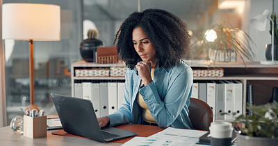 Buy stock photo Woman, laptop and review at startup with stats, solution or confused with info at digital agency. Person, computer and documents with decision, graphs or report for social media marketing at company