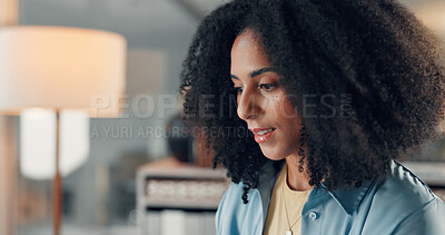 Buy stock photo Creative, woman and reading in office at night with vision, problem solving and headline ideas. Female journalist, review and reflection for working late, article feedback and publication information