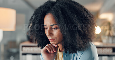 Buy stock photo Thinking, business and woman in office at night with vision, problem solving and headline ideas. Thoughts, female journalist and reflection for working late, article decision and publication solution