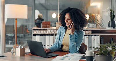 Buy stock photo Woman, phone call and laptop with smile at startup with contact, review and talk at digital agency. Person, smartphone and conversation with pc, scroll or feedback for web traffic stats at company