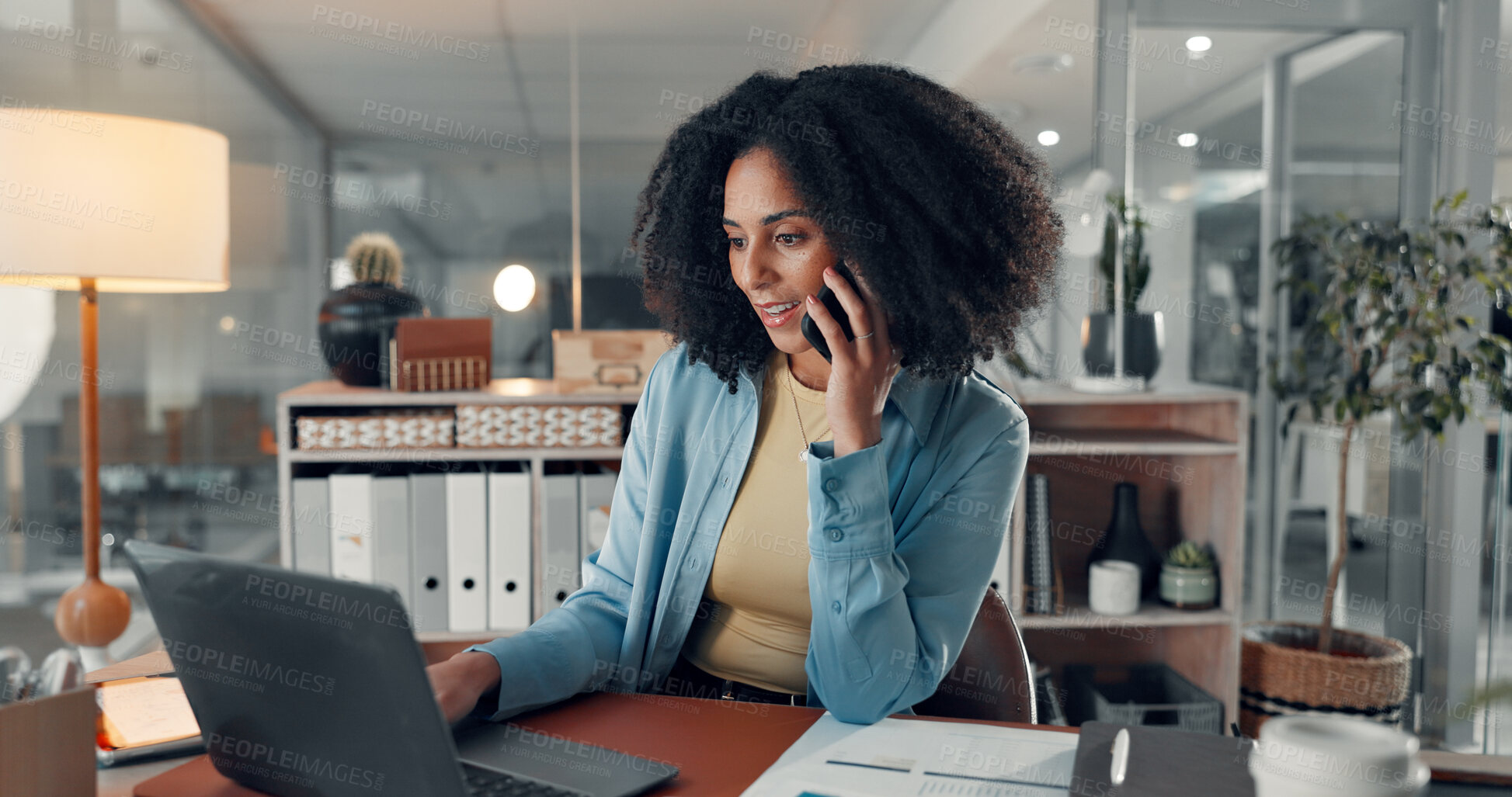Buy stock photo Woman, phone call and happy with laptop at startup with contact, review and talk at digital agency. Person, smartphone and conversation with pc, report or feedback for web traffic stats at company