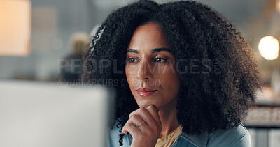 Buy stock photo Business, thinking and woman in office, computer and online reading with creative agency. Copywriting, person and journalist with pc, internet and ideas for news report and research for article