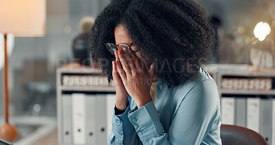 Buy stock photo Stress, business and woman with eye strain in office for administration, work pressure and burnout. Tired, person and glasses for vertigo, employee fatigue and overwhelmed of project management error