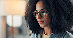 Research, night and woman with glasses in office for online review, proofreading and editor email. Magazine agency, journalist and tech reflection for fact checking report, submission and publication