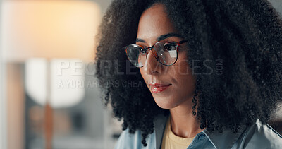 Buy stock photo Research, night and woman with glasses in office for online review, proofreading and editor email. Magazine agency, journalist and tech reflection for fact checking report, submission and publication