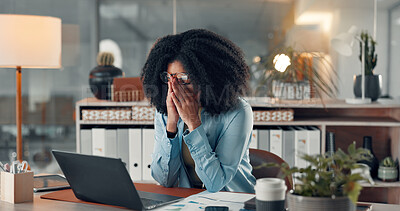 Buy stock photo Business, woman and laptop with eye strain in office for accounting, work pressure and burnout. Tired, person and glasses for vertigo risk, employee fatigue and brain fog tension of financial mistake