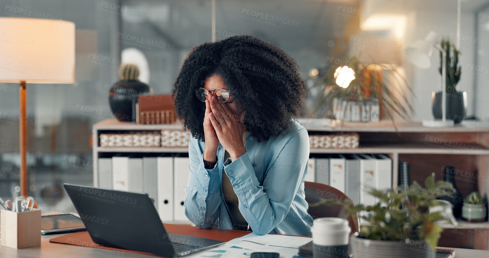 Buy stock photo Business, woman and laptop with eye strain in office for accounting, work pressure and burnout. Tired, person and glasses for vertigo risk, employee fatigue and brain fog tension of financial mistake