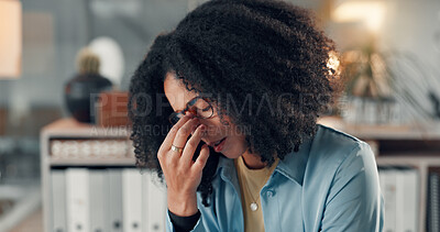Buy stock photo Tired, business and woman with eye strain in office for administration, work pressure and burnout. Stress, person and glasses for vertigo, employee fatigue and overwhelmed of project management error