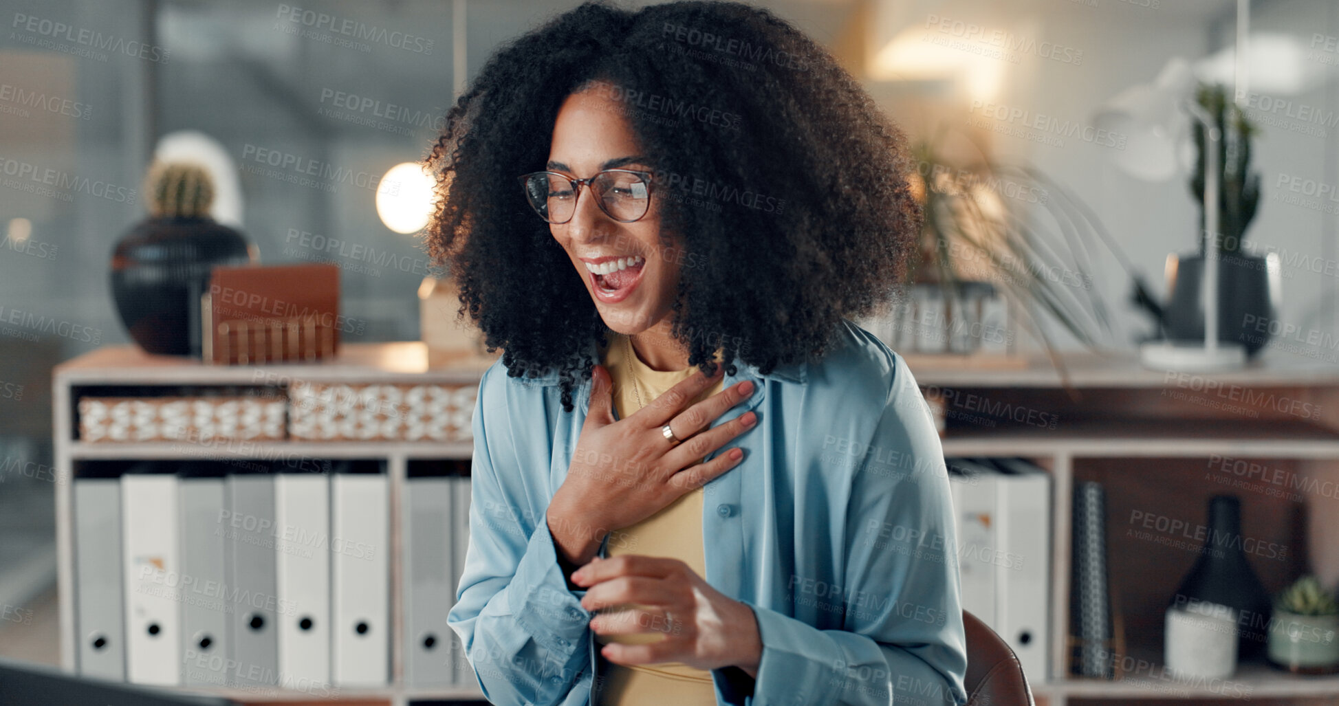 Buy stock photo Excited, woman and good news on laptop, office or surprised by positive feedback for novel at night. Happy, employee and person with achievement, bonus and working late with tech in creative agency